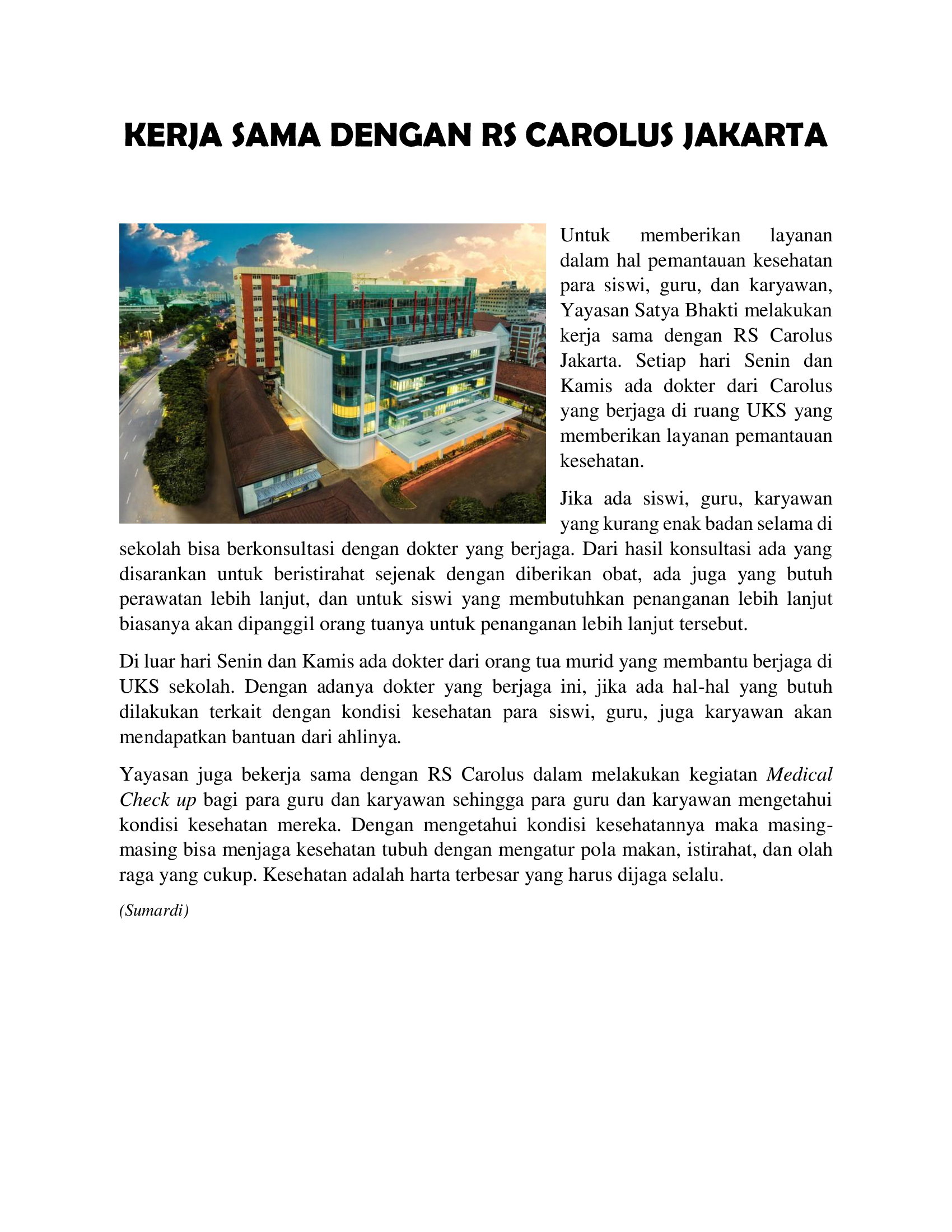 Kerja Sama dengan RS St. Carolus Jakarta
